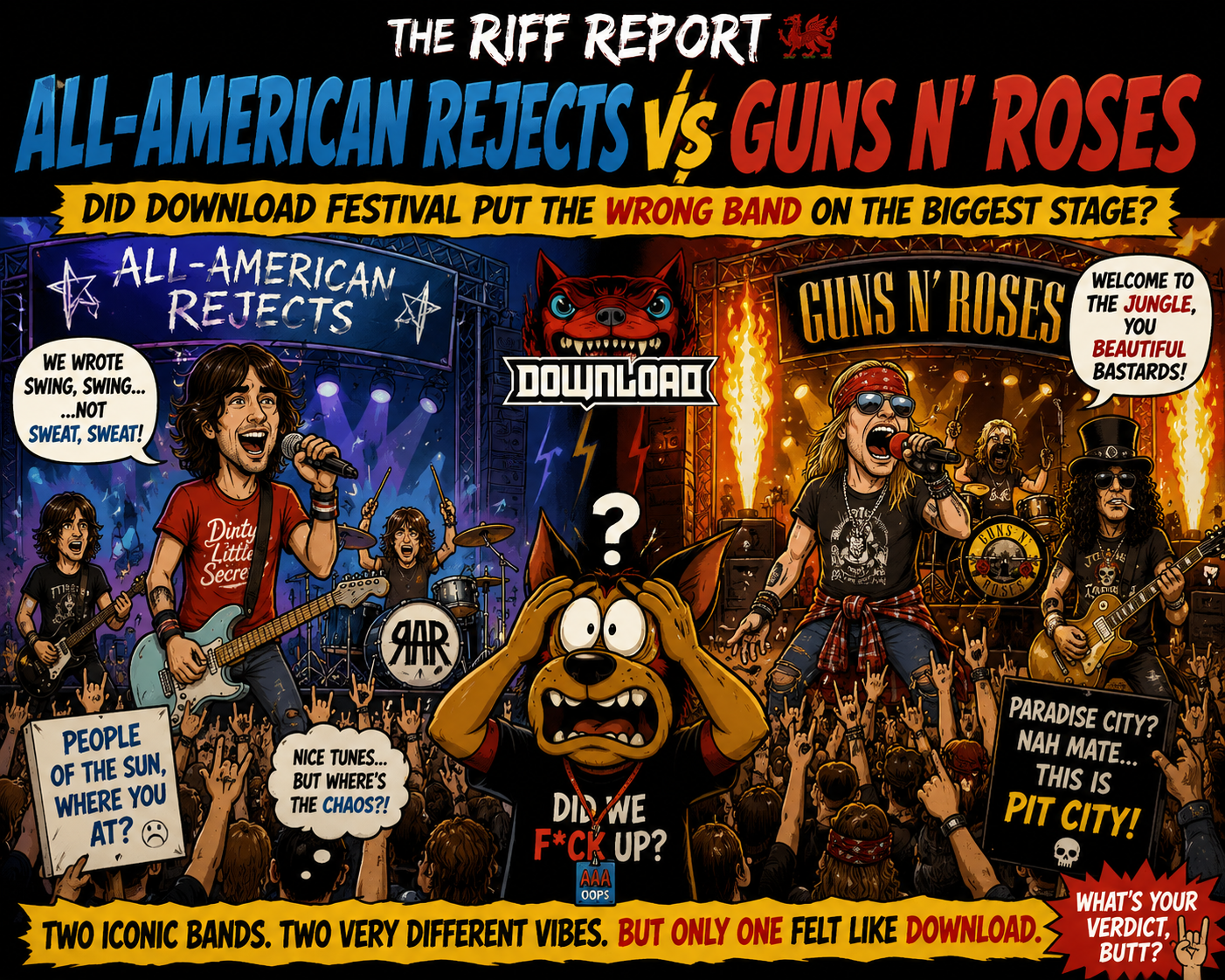 Comic-style concert poster: All-American Rejects vs Guns N' Roses at Download festival, with a cheering crowd and a shocked mascot in the center.