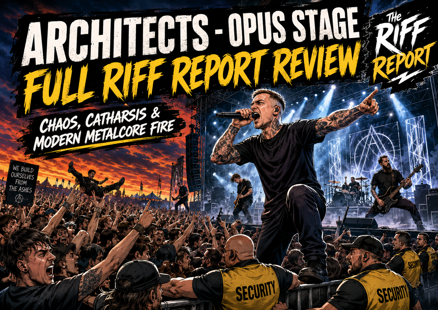 Comic-style concert poster: a vocalist sings into a mic on a crowded stage with security guards in the foreground and bold yellow text across the top.