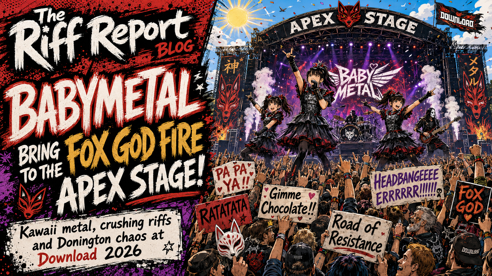 Comic-style festival poster showing BABYMETAL performing on a large Apex Stage with a cheering crowd and bold banners.