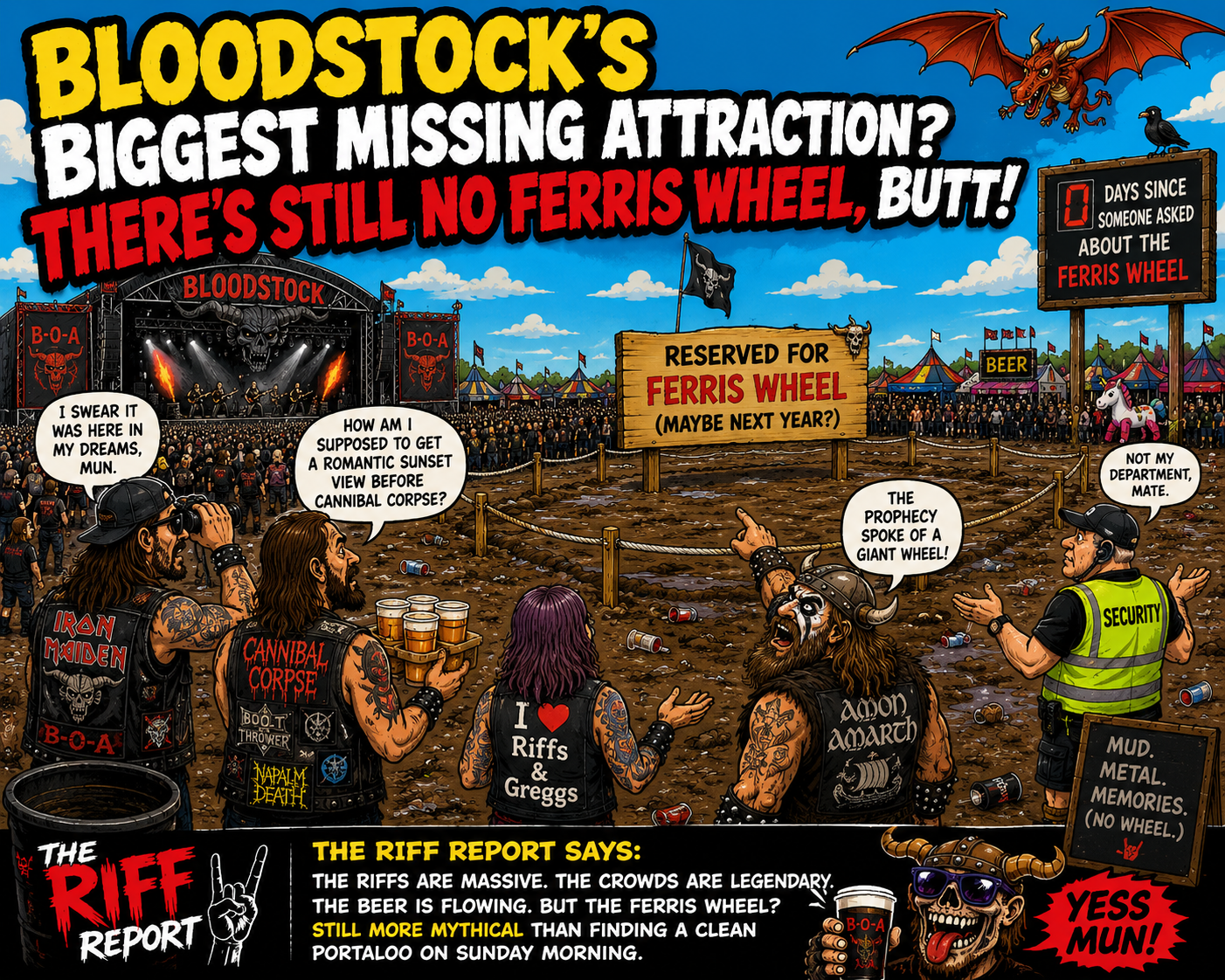 🎡 BLOODSTOCK’S BIGGEST MISSING ATTRACTION? THERE’S STILL NO FERRIS WHEEL, BUTT! 🤣🤘