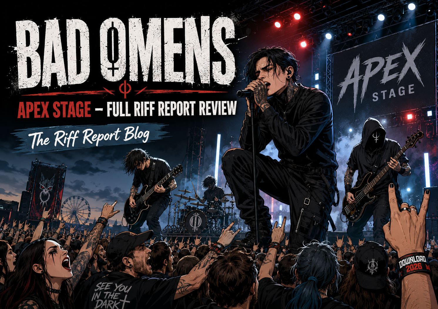 Illustrated concert poster of Bad Omens performing on Apex Stage, with a cheering crowd and logos for The Riff Report Blog.