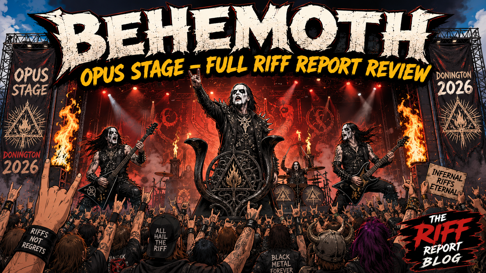 Illustration of a metal band performing on a fiery stage with three guitarists and a drummer, crowd raising horns in front.