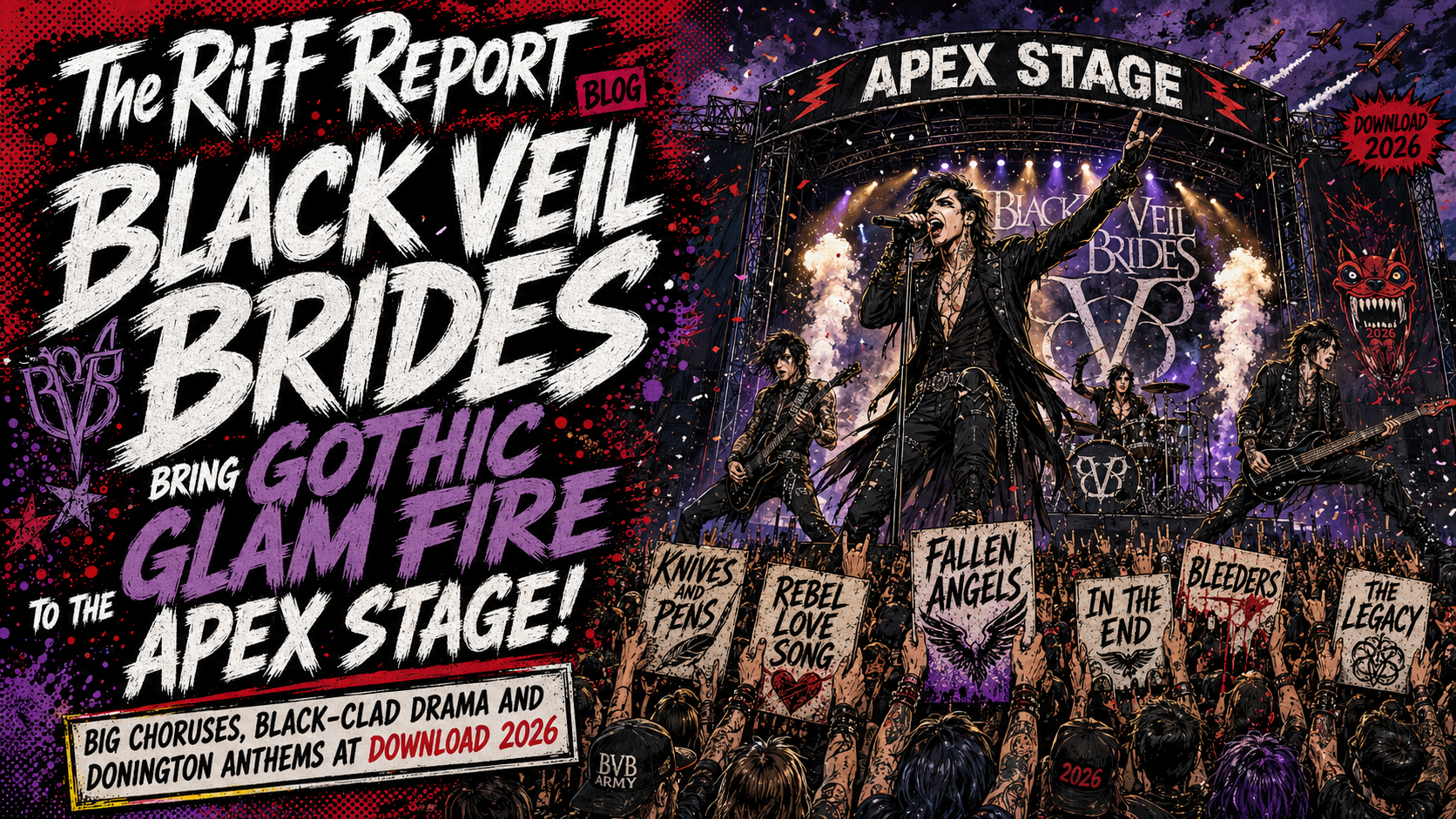 Concert poster: Black Veil Brides perform on Apex Stage with a packed crowd holding signboards like ‘Knives and Pens’ and ‘Bleeders’ amidst purple-red artwork.