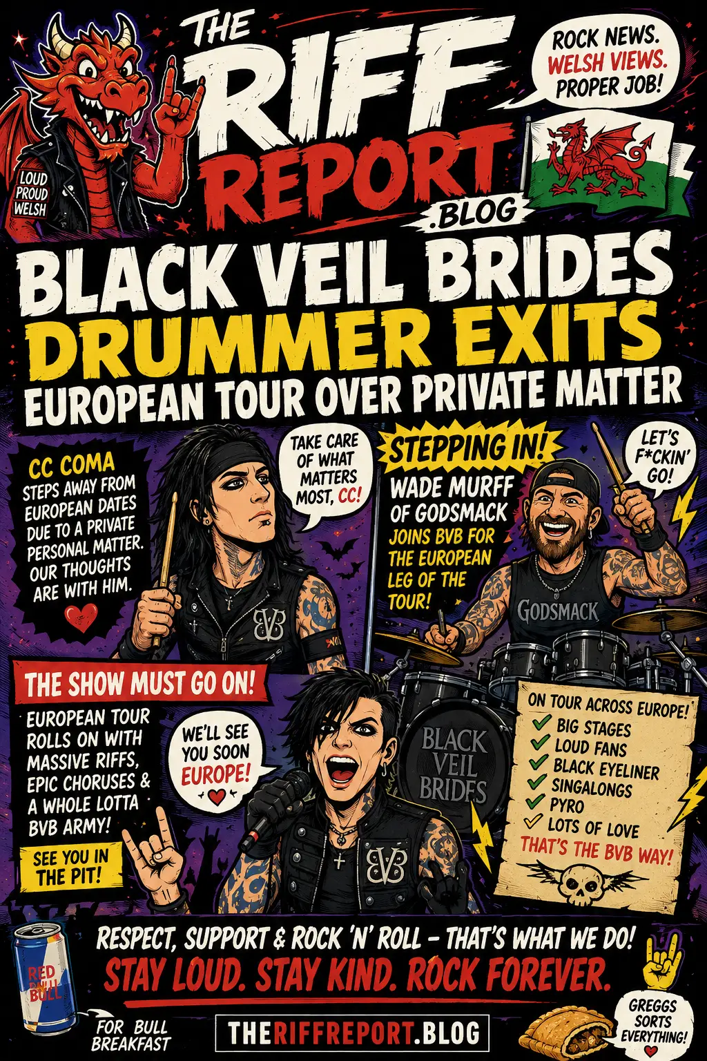 Comic-style poster announcing rock band news: Black Veil Brides drummer exits European tour with bold typography and dragon mascot imagery