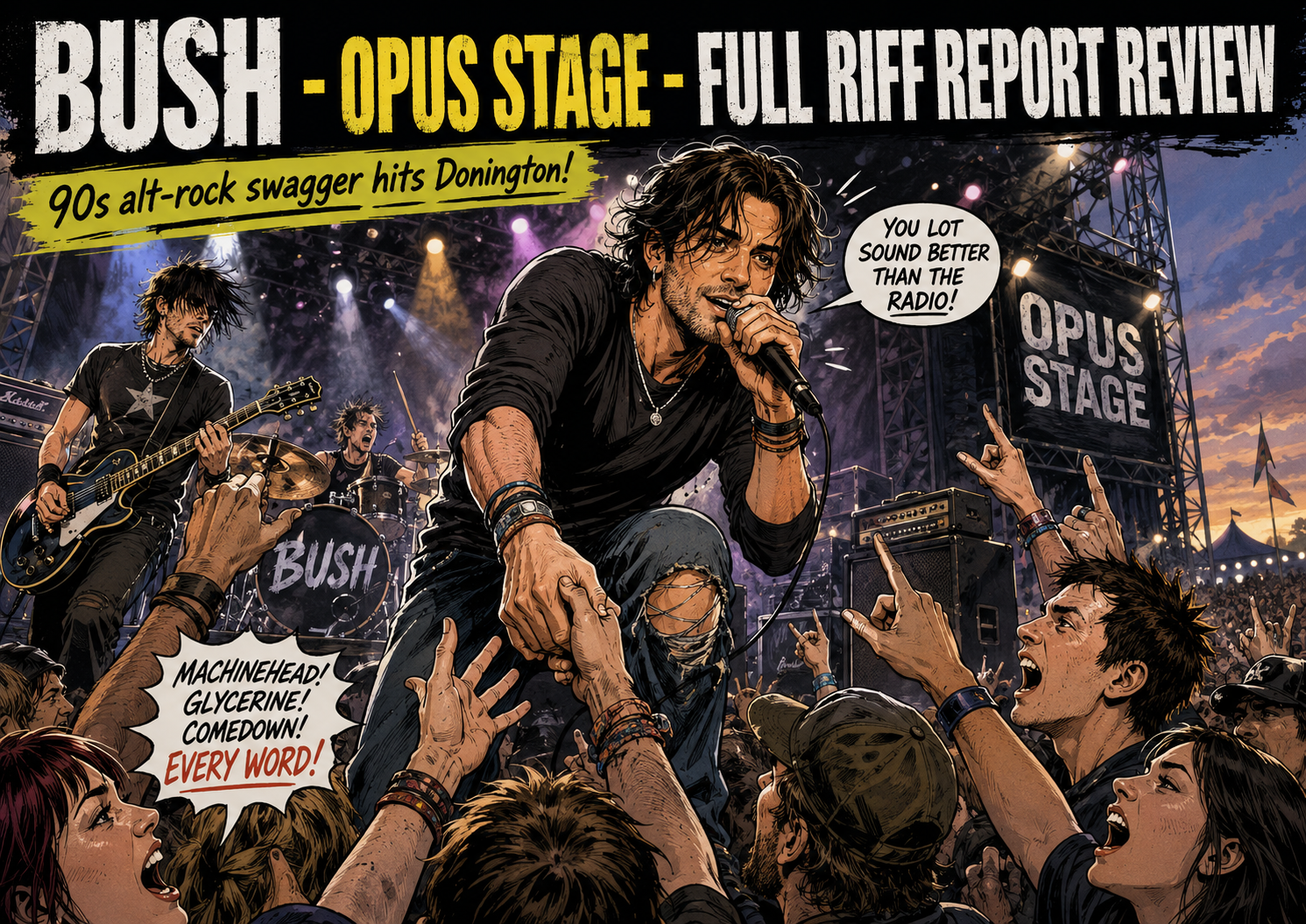 Comic-book style rock concert: lead singer grips the mic and leans into a crowded pit on a large outdoor stage labeled 'OPUS STAGE', guitarist left, drummer center, fans reach up with raised hands, banners announce '90s alt-rock swagger hits Donington' and 'You lot sound better than the radio!'