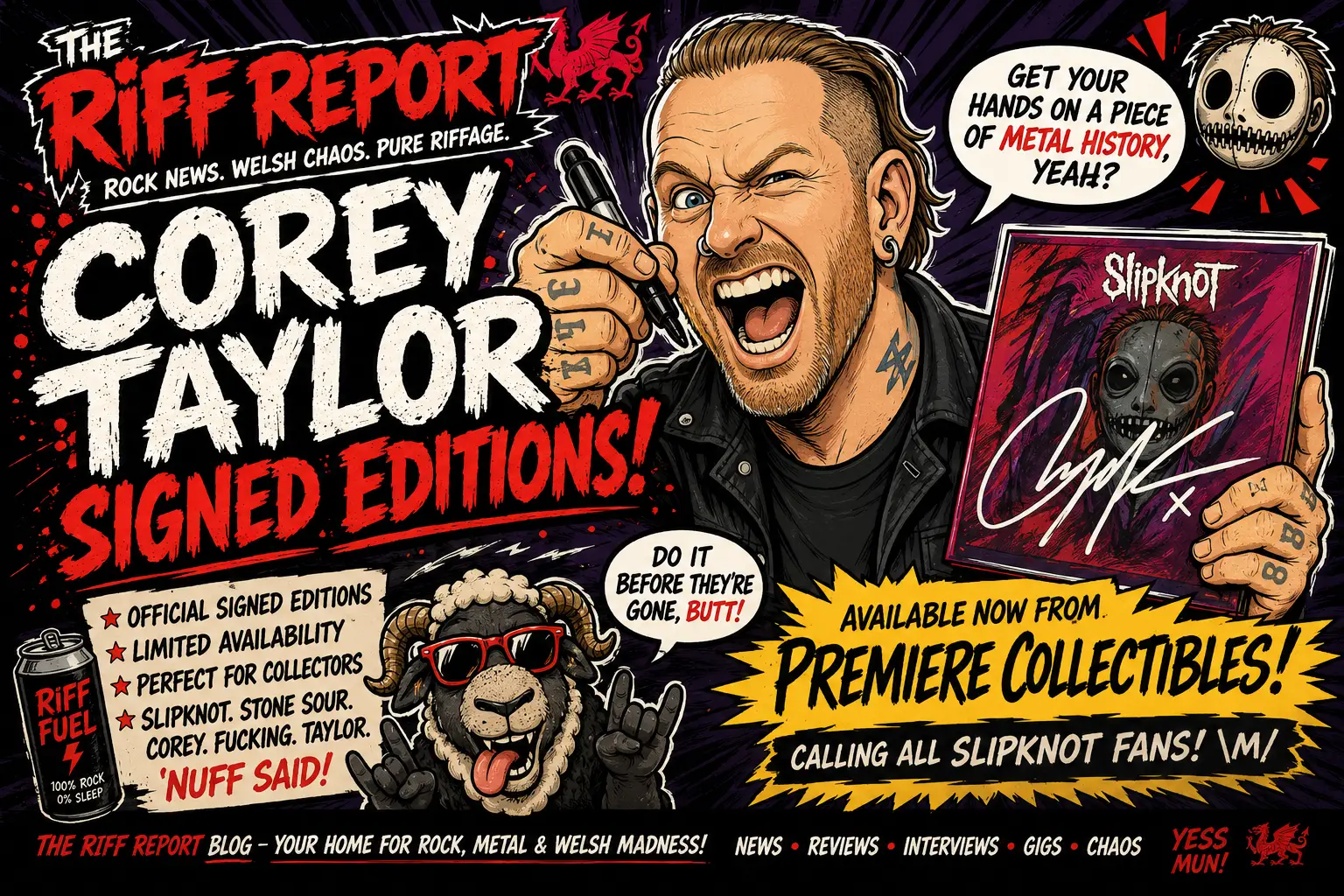 Comic-style promo banner for Corey Taylor signed editions, showing the singer screaming into a marker and holding a Slipknot book amid bold red/white typography.