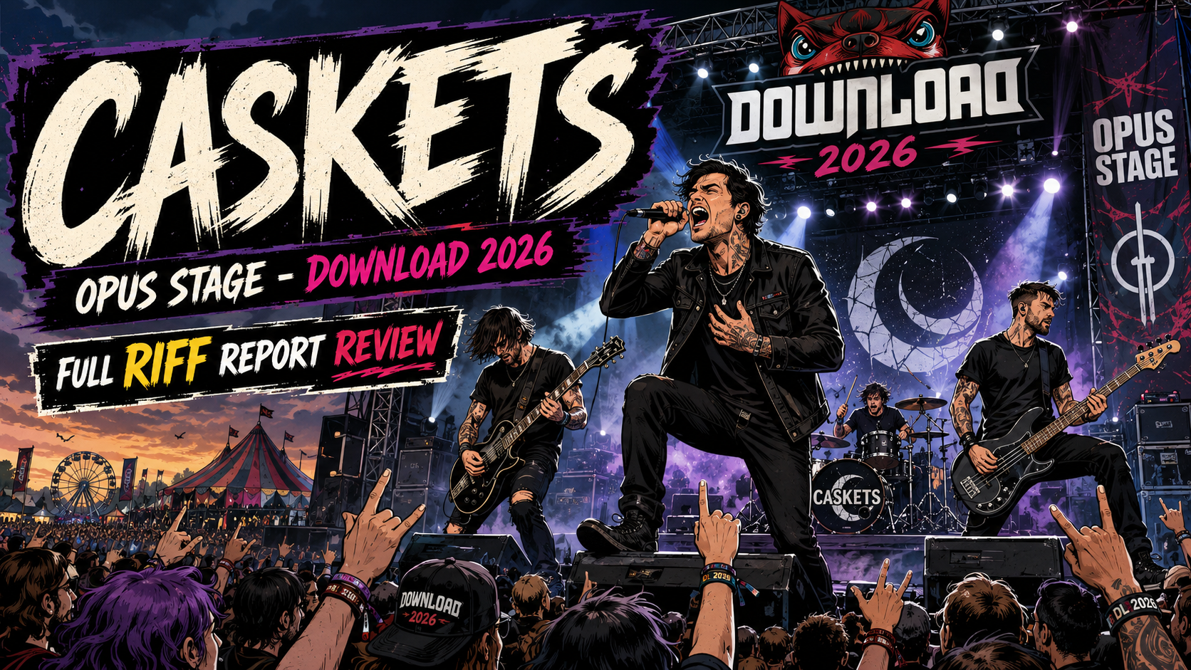 Illustrated rock concert: CASKETS perform on a lit stage at Download 2026, with a large banner and cheering crowd.