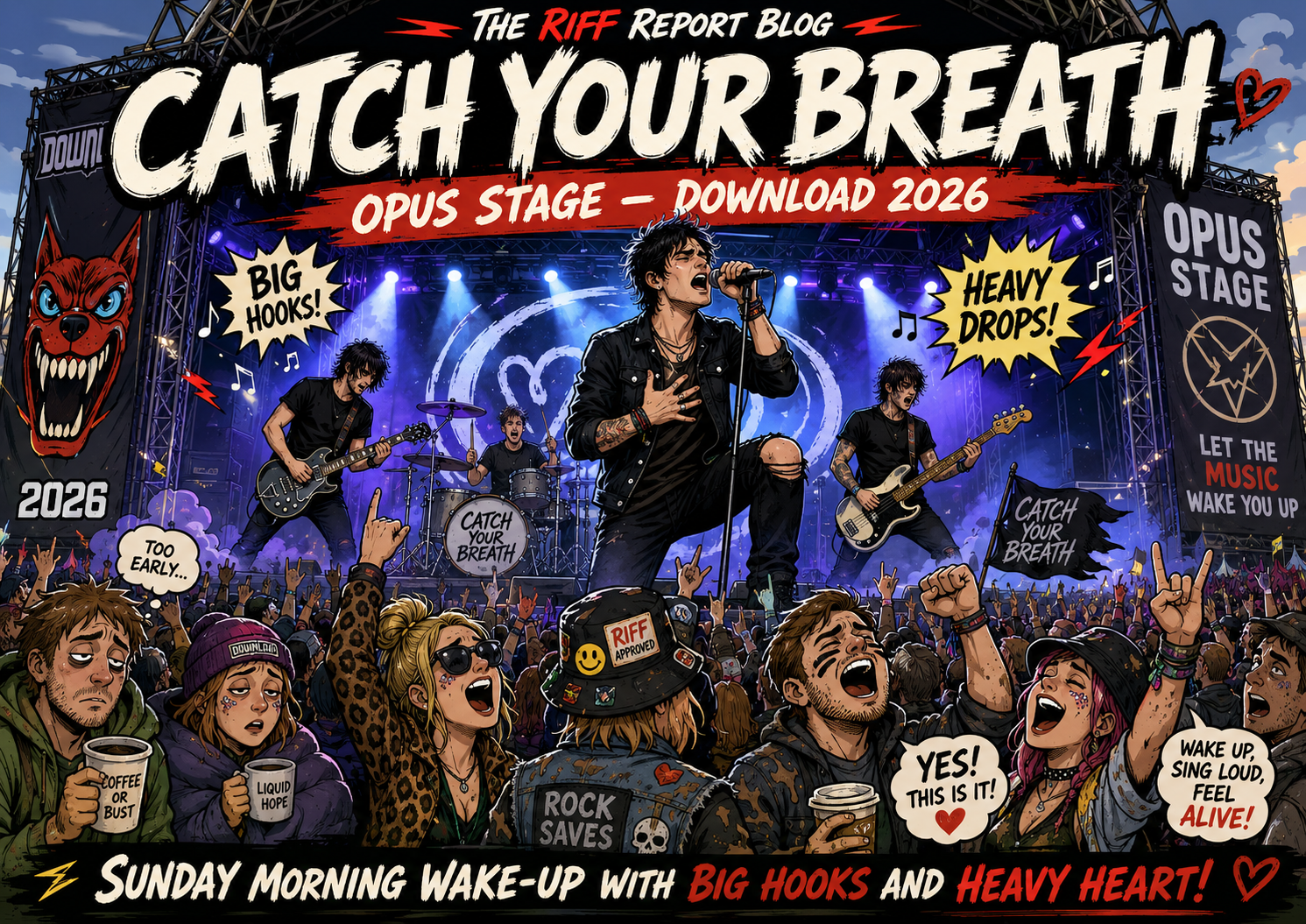 Illustrated rock concert poster with a band on a large stage, crowd cheers, center singer reaching out, and a bold 'CATCH YOUR BREATH' banner across the top.