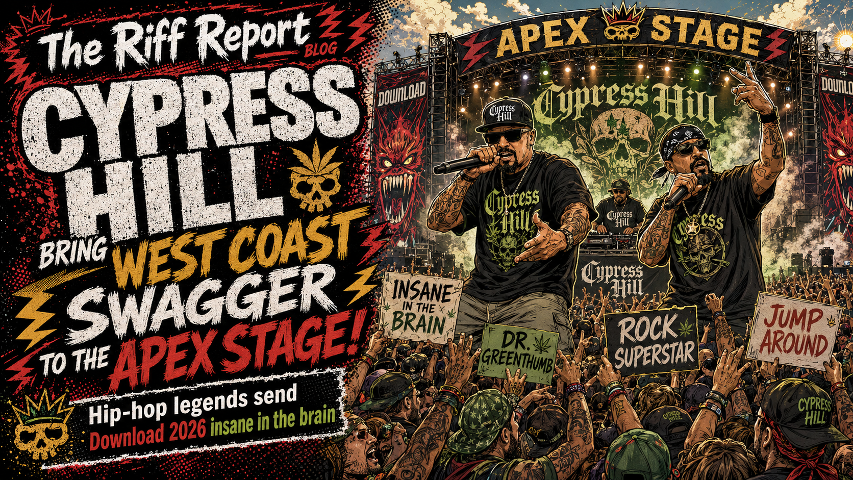 Illustrated concert poster featuring Cypress Hill performing on the Apex Stage with a cheering crowd and bold, graffiti-style text promoting the event.