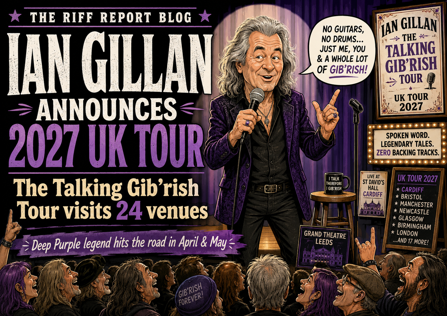 Poster-style illustration announcing Ian Gillan's 2027 UK tour with a caricature on stage and a cheering crowd, purple-themed design.