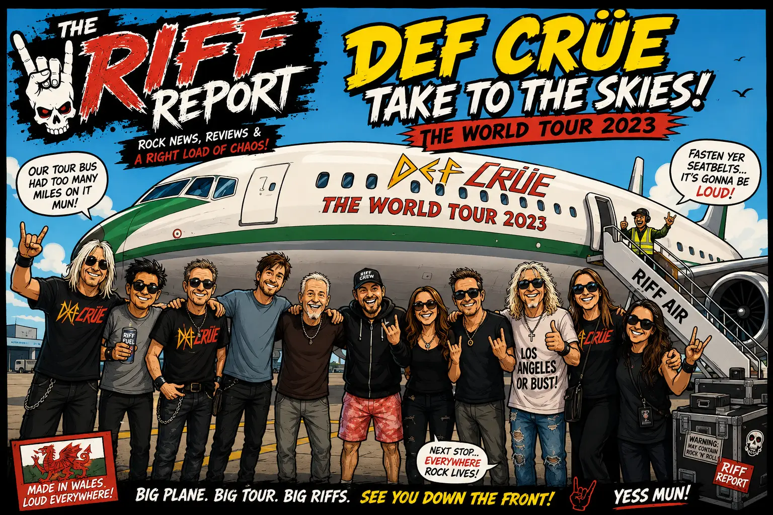 Comic-style poster for The RIFF REPORT promoting Def Crรผe World Tour 2023, featuring a large airplane and a group of smiling band members posing in front.