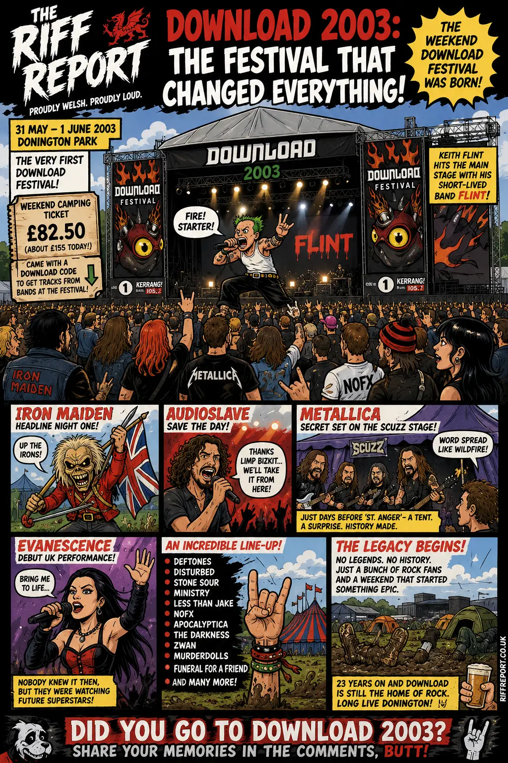 Comic-style festival poster featuring a large stage and crowd at Download Festival 2003 with band names and banners across the top and sides.