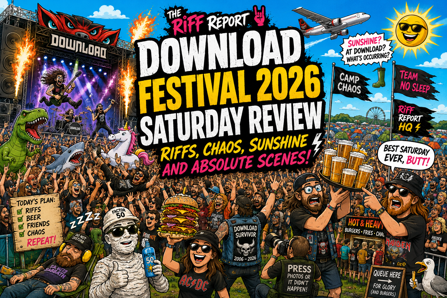 Colorful cartoon poster for The Riff Report's Download Festival 2026, showing a huge crowd, stage, mascots, and beer tents.