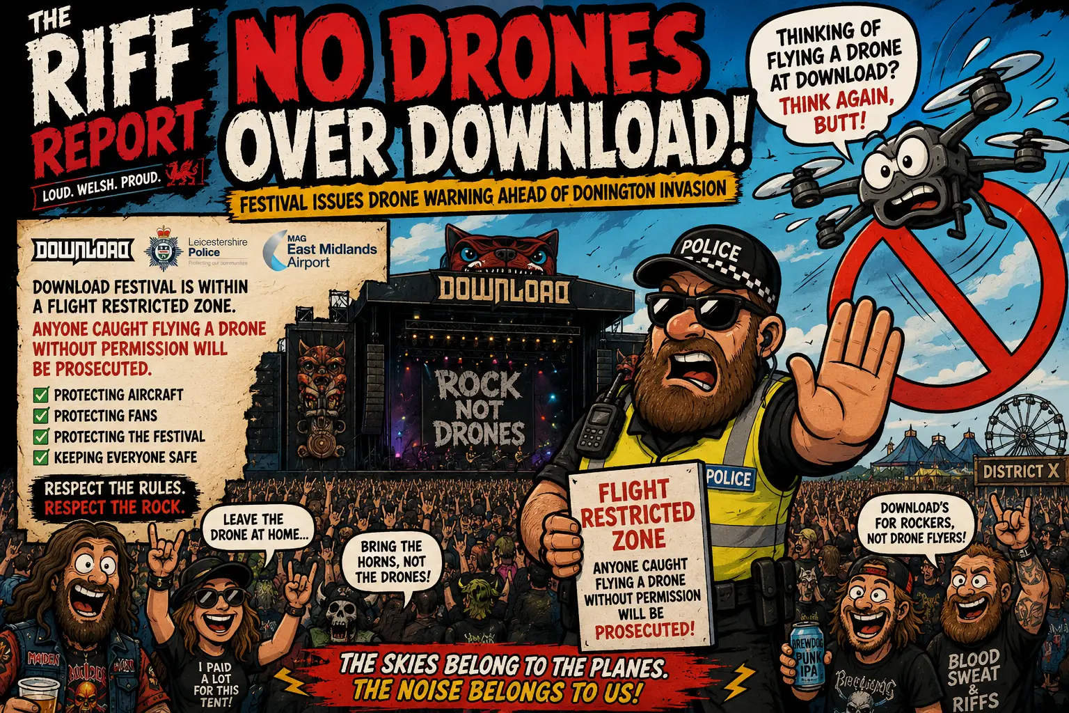Comic-style festival poster warning 'No Drones Over Download!' with a crowd, stage, officer, and a drone inside a red no-drone symbol to convey restrictions of flying drones at the event,