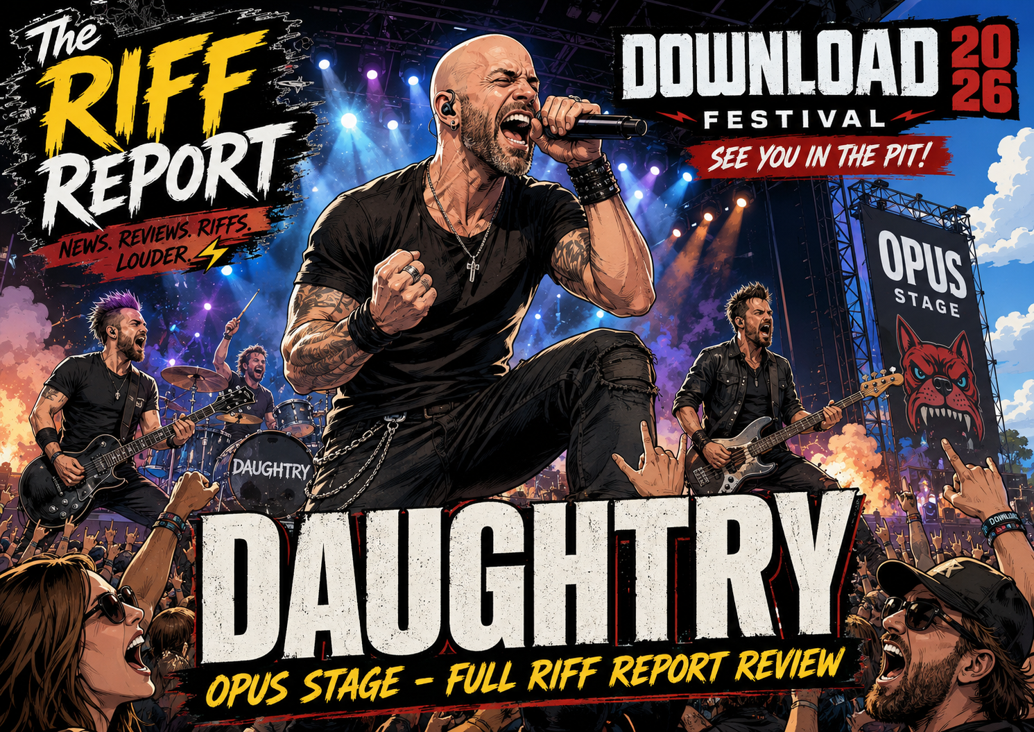 Comic-style concert poster featuring a screaming lead singer on stage with band, 'DAUGHTRY' title at bottom, and 'The RIFF REPORT' branding on the left.