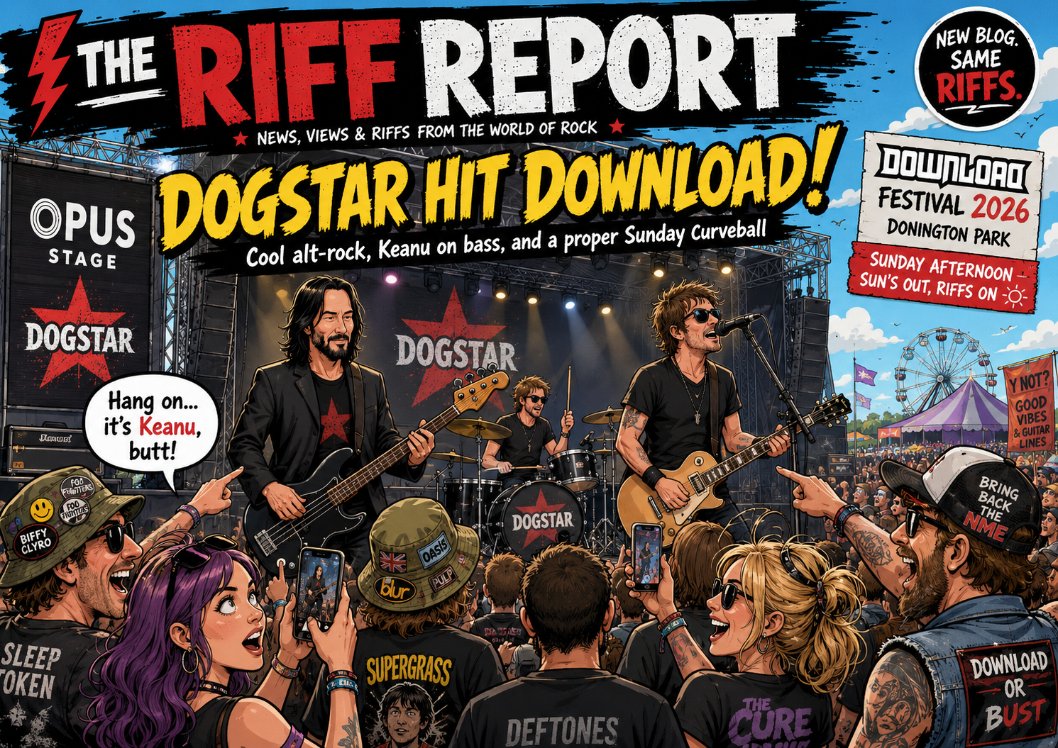 Comic-style festival poster featuring Dogstar on stage with a cheering crowd and bold text like 'THE RIFF REPORT' and 'DOGSTAR HIT DOWNLOAD!' at a summer concert event.