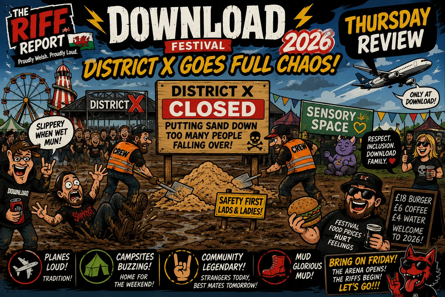 Poster ad for The Riff Report Download Festival 2026: District X goes full chaos with closed sign and muddy chaos in front of stages and crowds.
