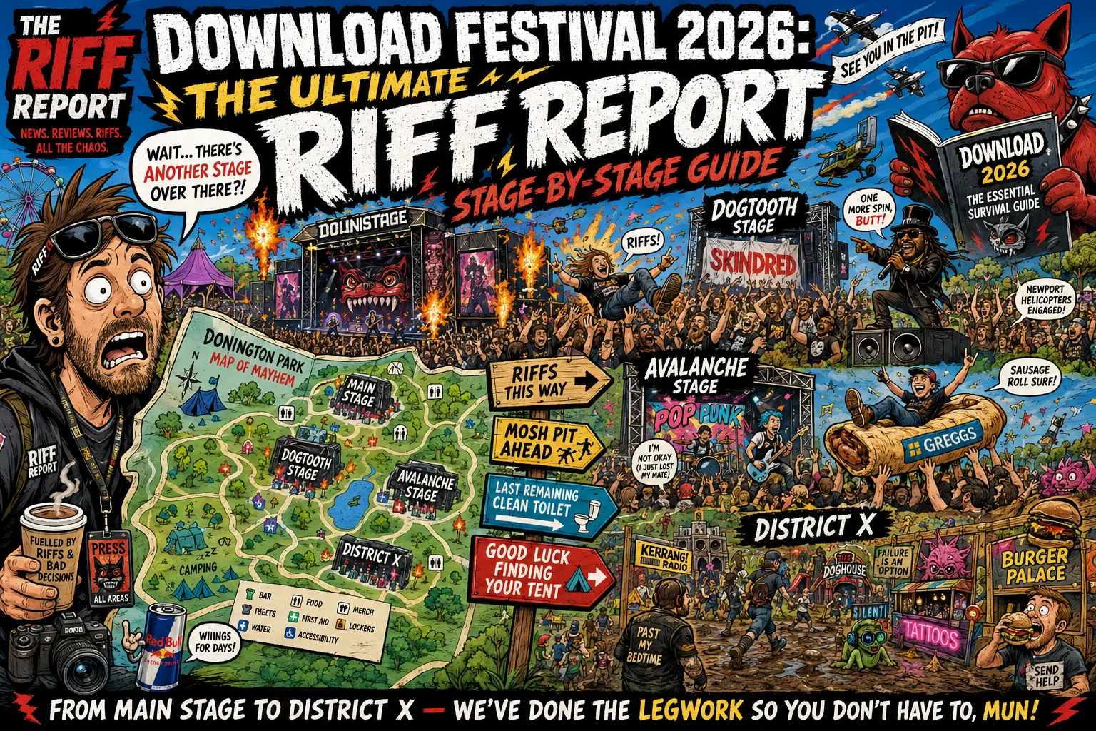 Comic-style poster for Download Festival 2026, showing stages, crowd, and a map of Donington Park.