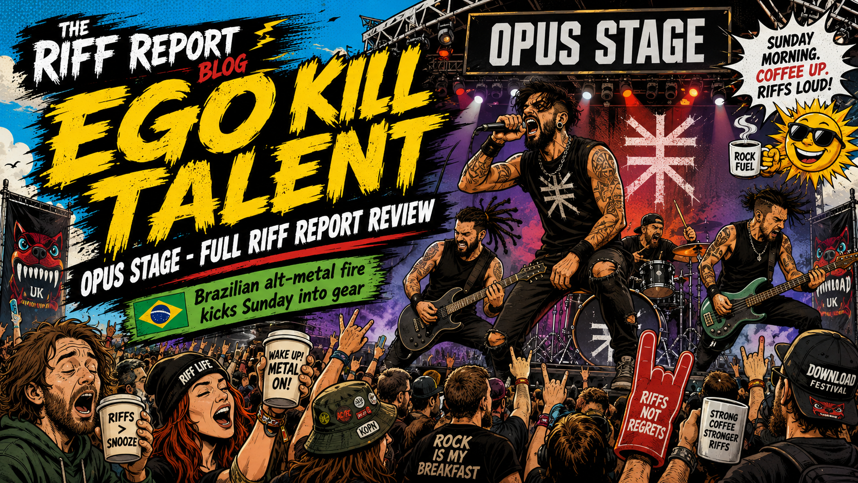 Vibrant comic-book style concert poster showing a rock band performing on Opus Stage with huge yellow title 'EG0 KILL TALENT' and a cheering crowd in foreground.