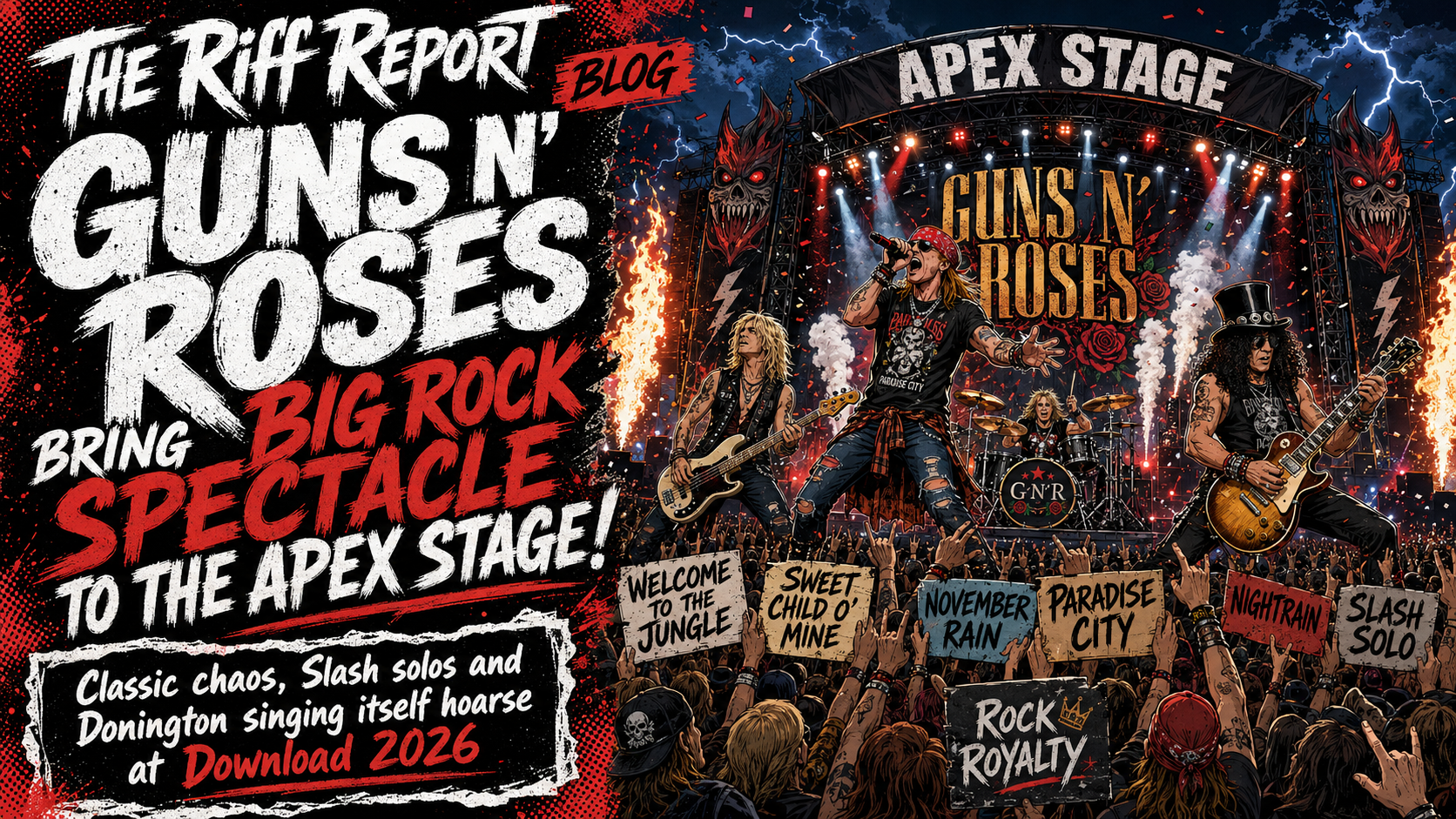 Promotional Guns N' Roses banner: bold white text on the left and a live Apex Stage performance on the right with band members and fiery lighting.