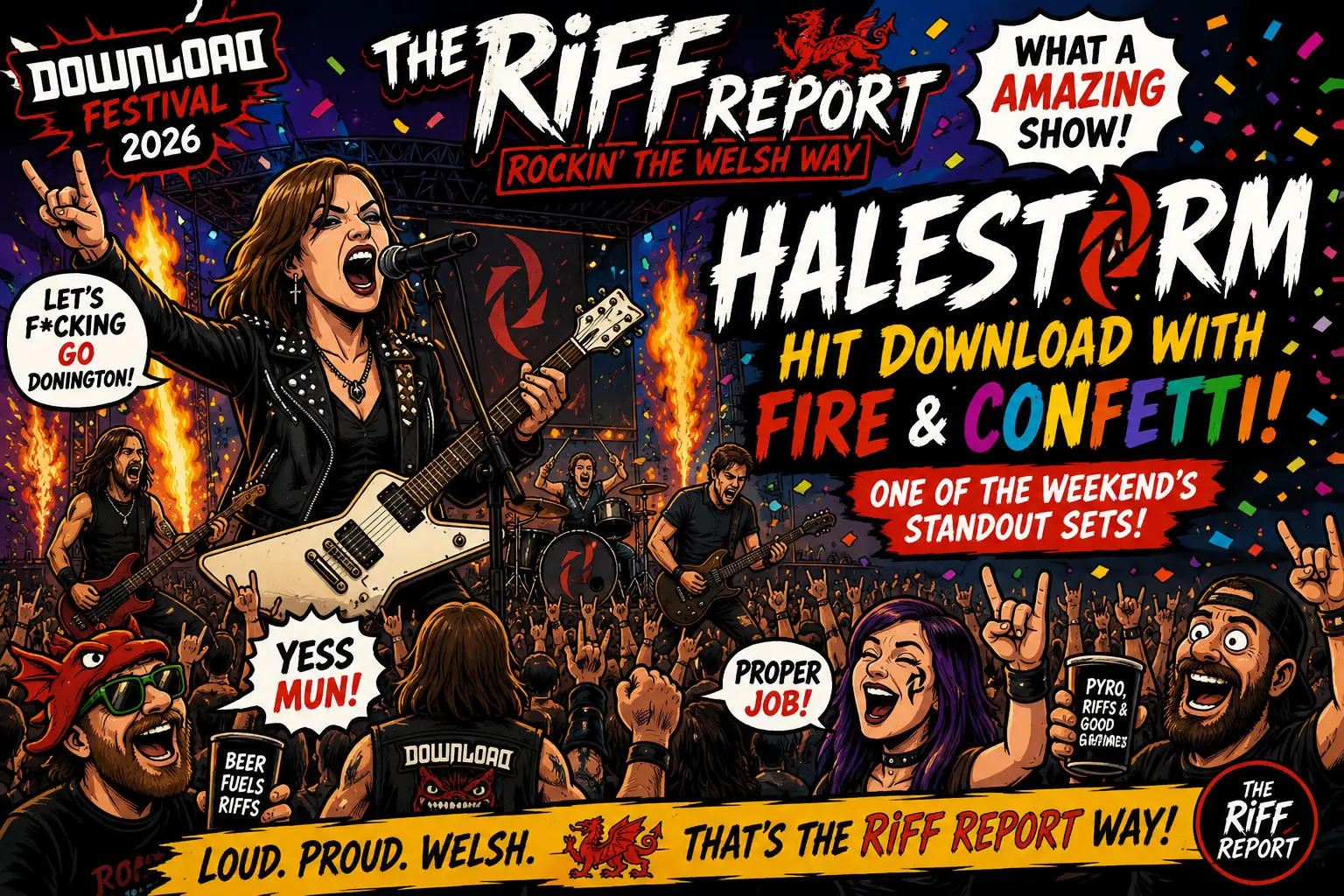 Bold rock concert poster showing The Riff Report with a live band on stage, crowd cheering, and fiery effects in the background, promoting a festival in 2026.