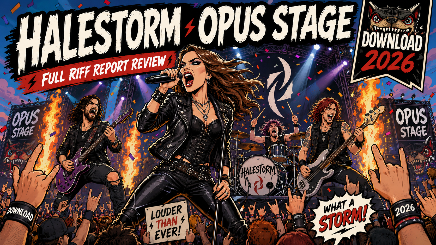 Illustration of a rock band performing on a fiery, crowded stadium stage with fans raising hands and banners reading Halestorm Opus Stage and Download 2026.