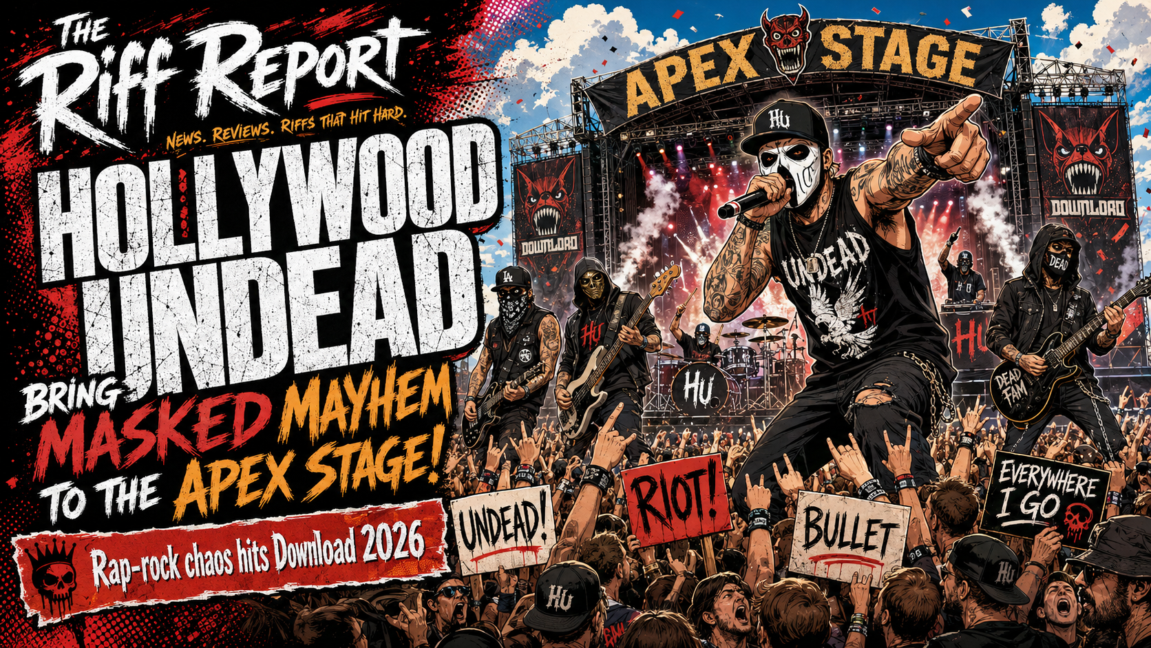 Comic-style concert poster featuring Hollywood Undead on stage at Apex Stage with a masked vocalist, band members, and a cheering crowd holding signs like UNDEAD, RIOT!, and EVERYWHERE I GO; promotional text for Download 2026.