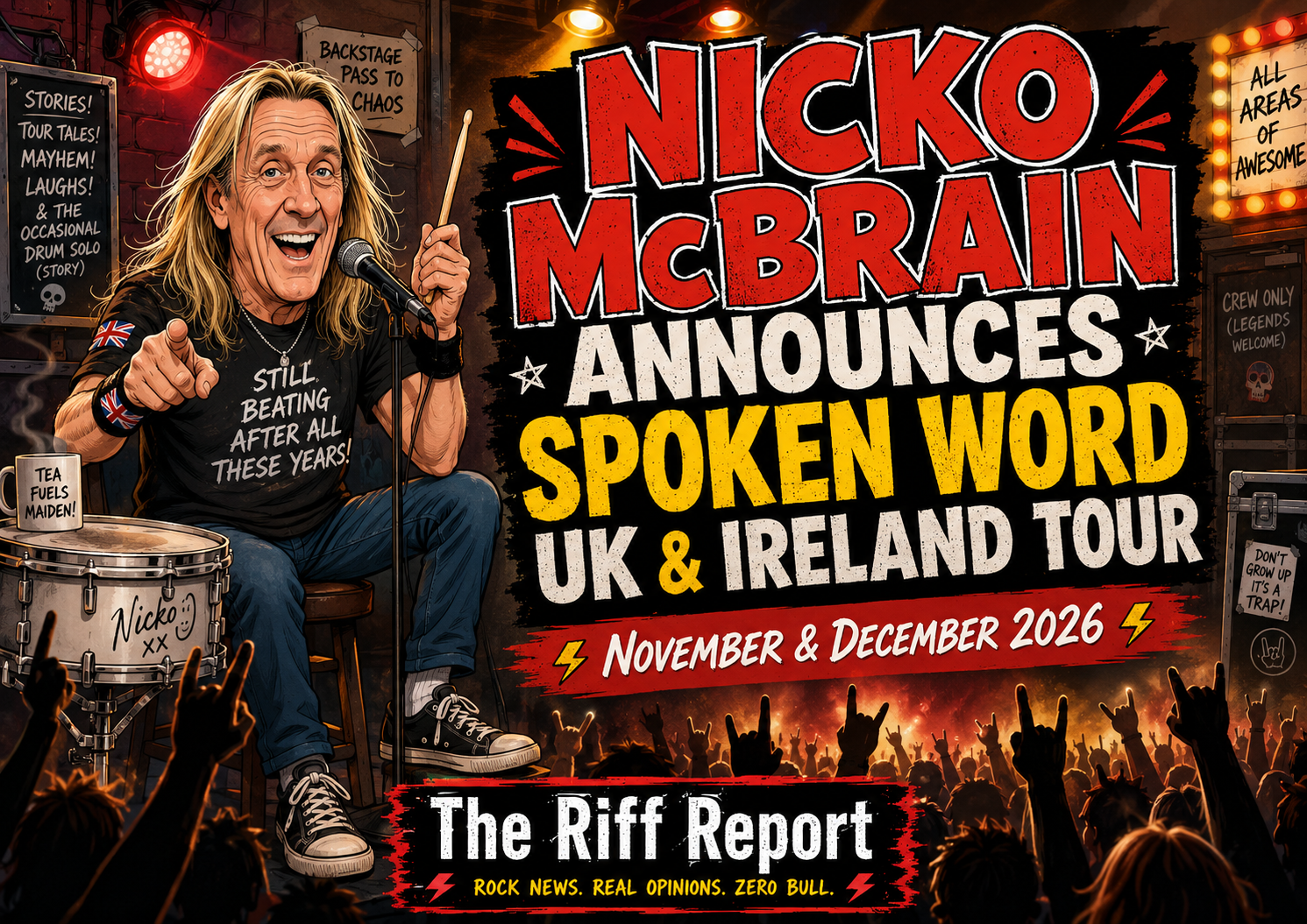Cartoon-style poster of Nicko McBrain on stage with mic, announcing UK & Ireland tour 2026 in bold red and yellow letters, crowd in foreground.
