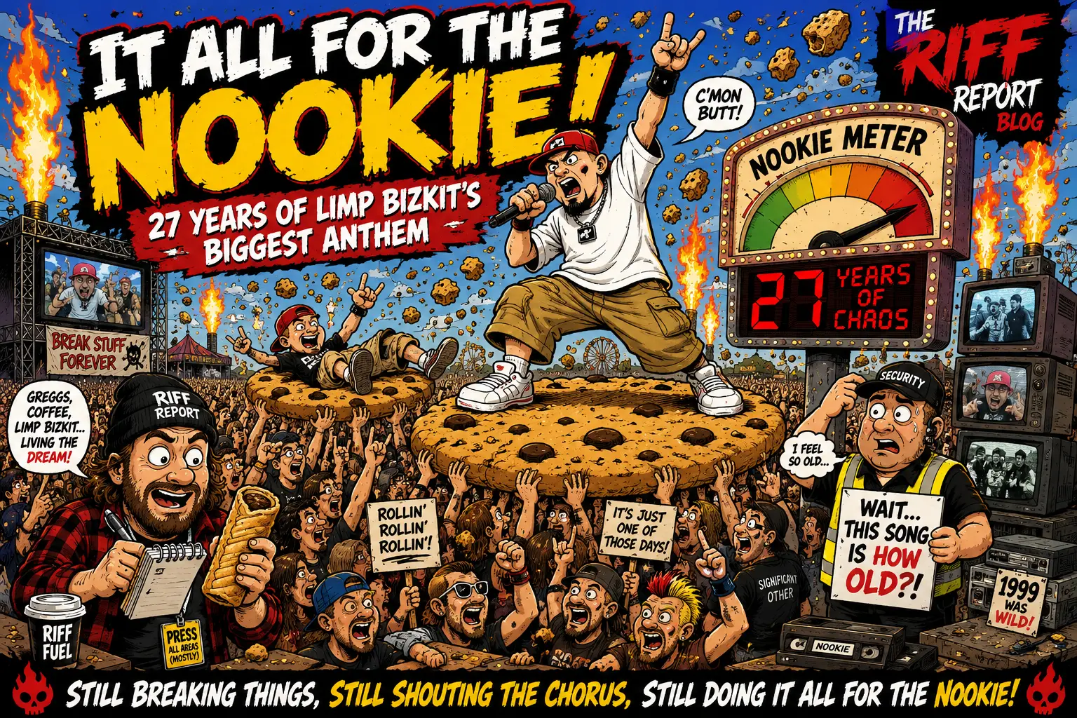 Cartoon concert poster: rapper on a giant cookie stage, microphone in hand, crowd cheers around him with fiery pyrotechnics and a large Nookie Meter gauge reading 27 years of chaos; security guard and press area visible in the scene.