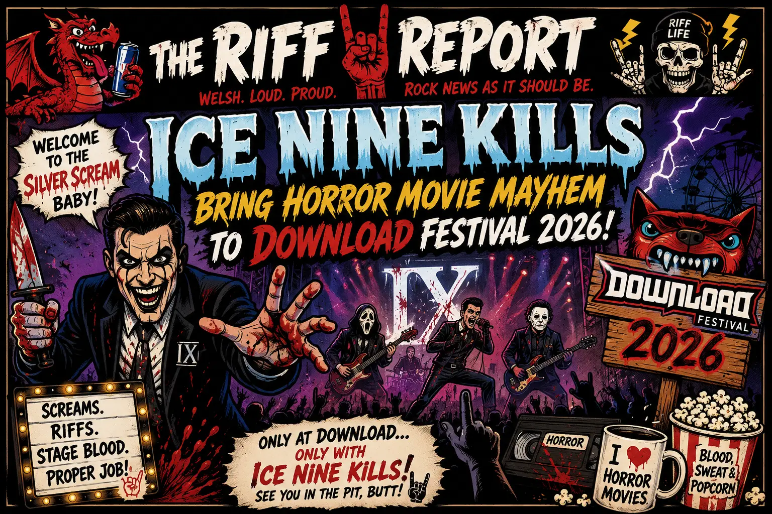 Promotional horror-rock poster for Ice Nine Kills at Download Festival 2026, featuring the band on stage and bold, chaotic artwork with skulls and neon text.
