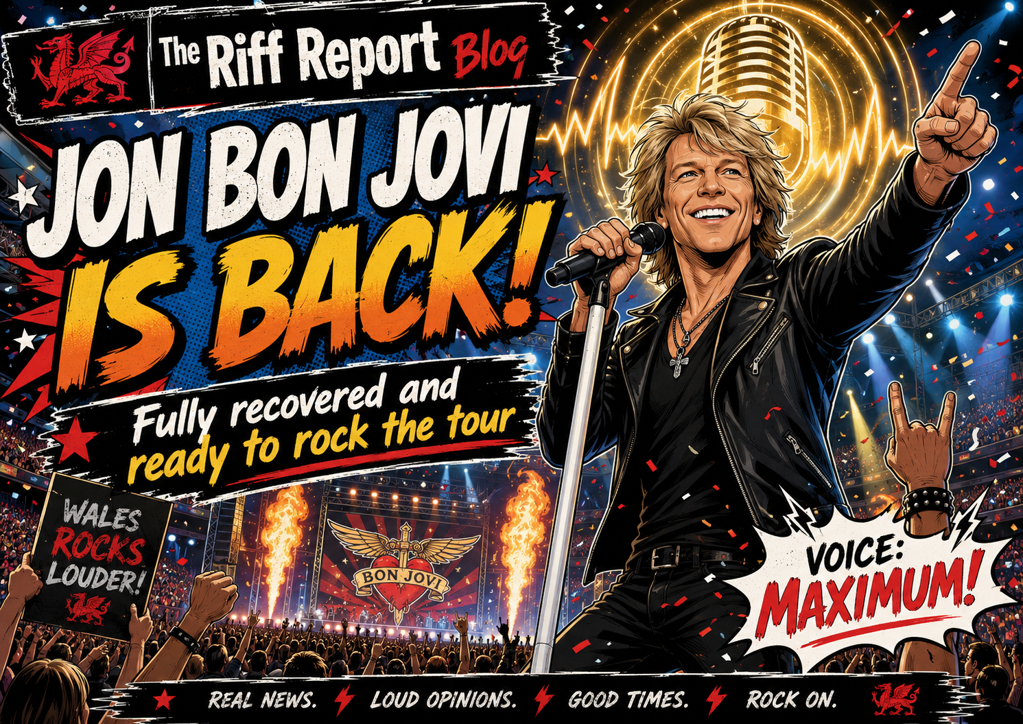 Comic-style concert poster announcing 'Jon Bon Jovi is Back!' with a smiling singer on stage and a cheering crowd behind, ready to rock the tour.