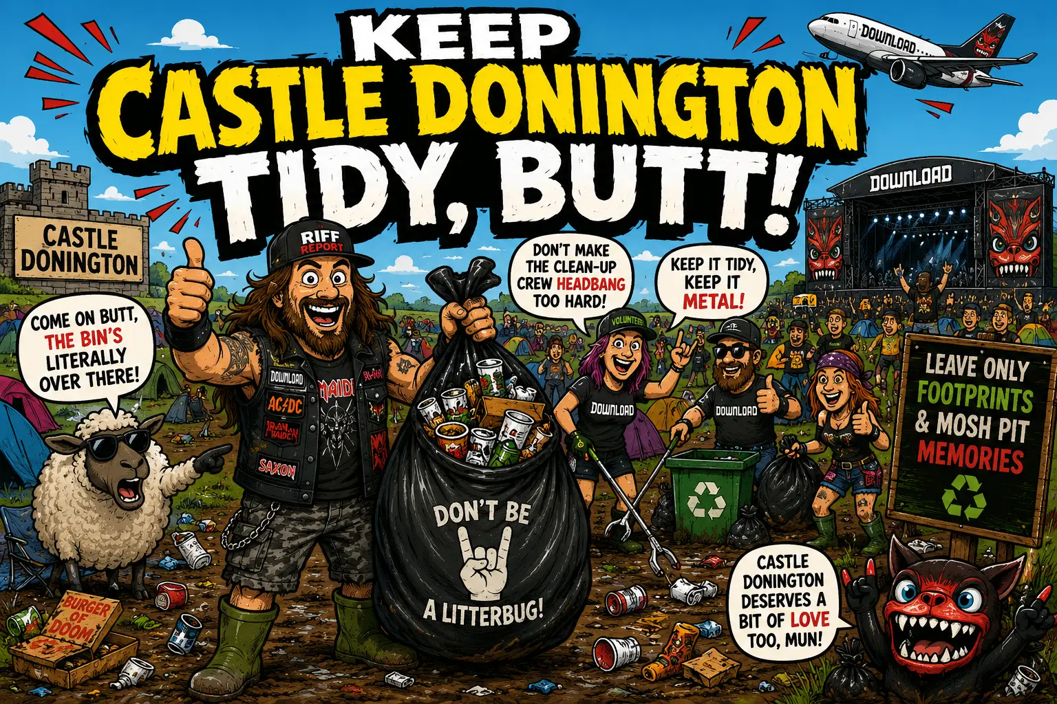Comic-style festival cleanup scene at Castle Donington with volunteers collecting trash and a large litter bag in the center.