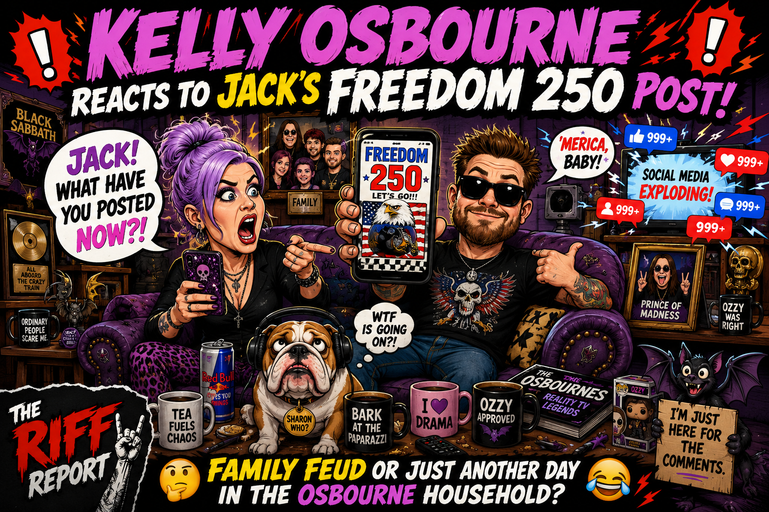 Colorful comic-style banner featuring Kelly Osbourne and a man on a purple couch reacting to a phone screen that shows 'FREEDOM 250', surrounded by chaotic social icons and speech bubbles.