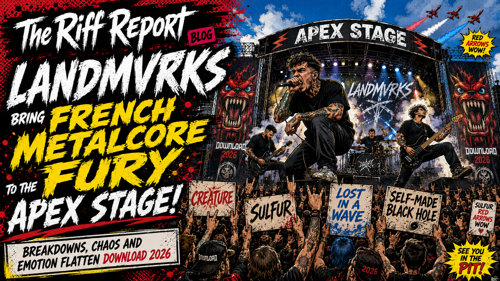 Concert poster for Landmvrks at Apex Stage featuring a live band performing to a cheering crowd with handmade signs and bold typography in red, black, and yellow colors.