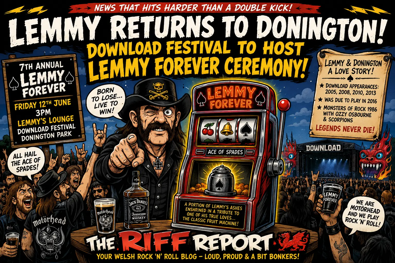 Promotional poster for Lemmy Forever festival with Lemmy pointing at viewer beside a red slot machine, crowd cheering
