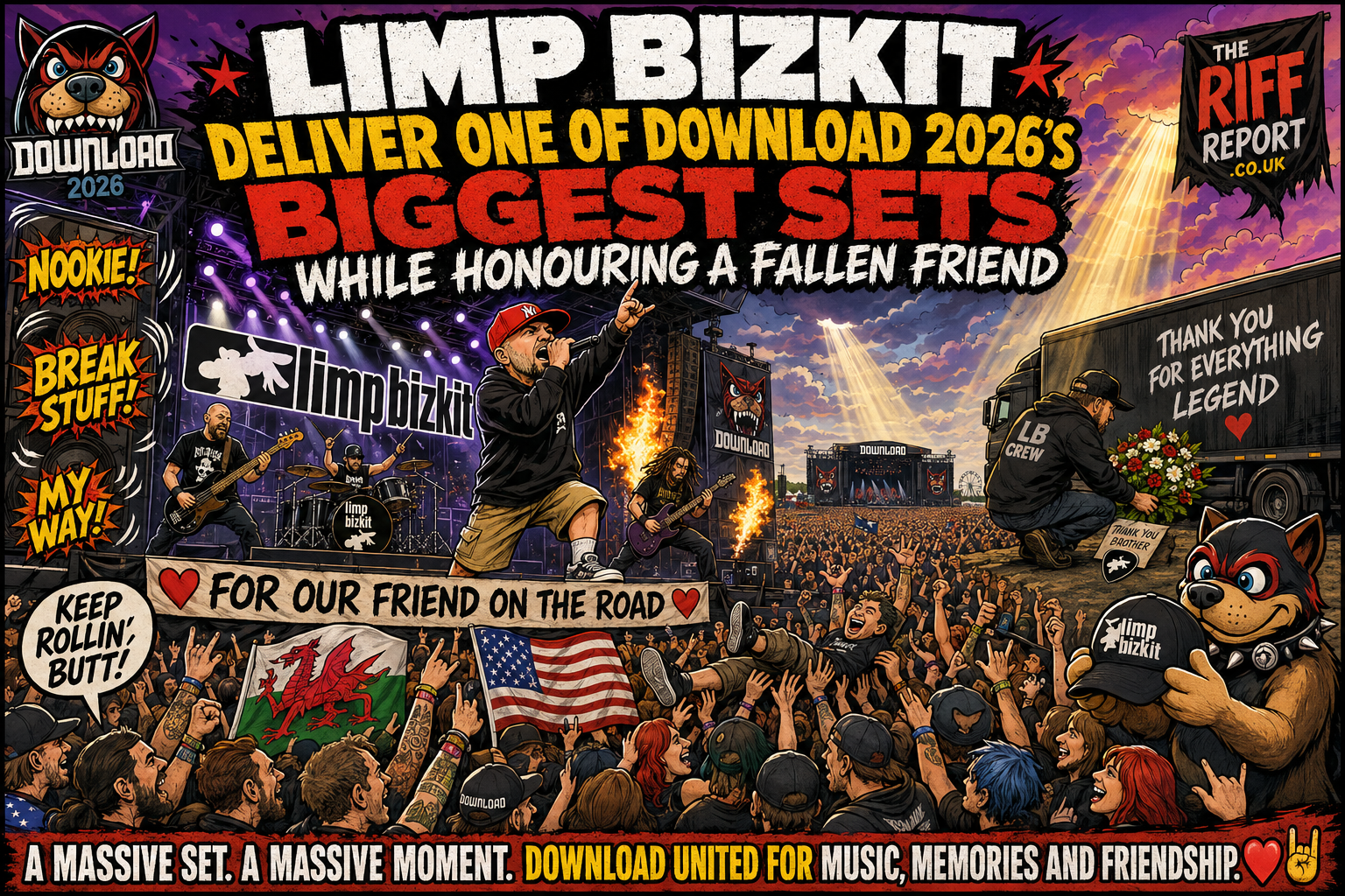 Comic-style concert poster for Limp Bizkit’s 2026 download; band on stage, huge cheering crowd, and bold slogans honoring a fallen friend with fiery lights and banners on both sides.