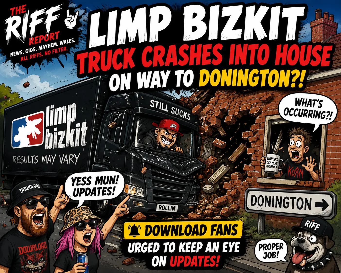 Comic book cover illustration of a black 'Limp Bizkit' truck crashing into a brick house, debris flying, with bold red and yellow headlines and cartoon fans reacting nearby.