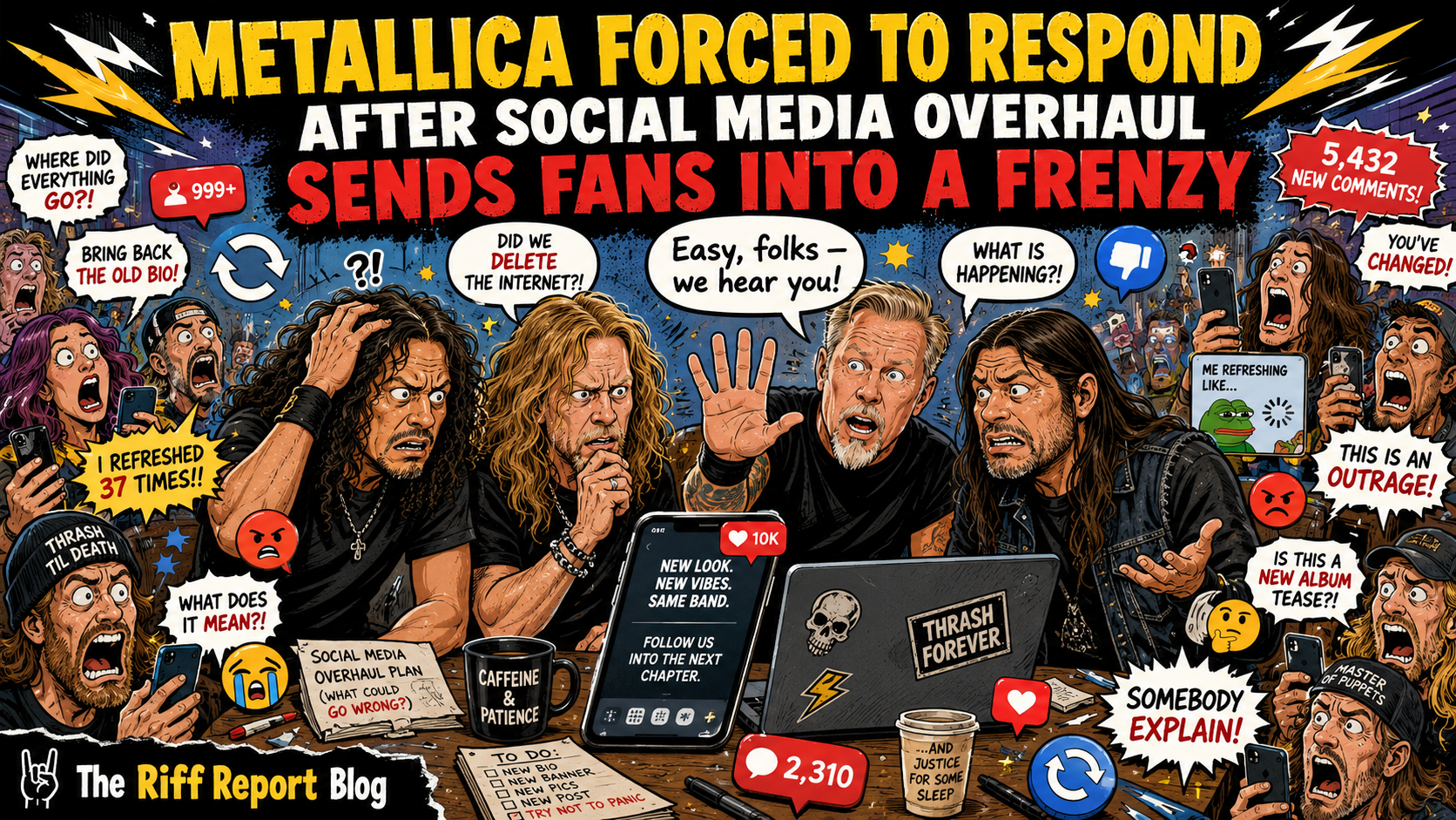 Cartoon cover showing Metallica members at a desk as frenzied fans surround them, with speech bubbles and bold headlines about a social media overhaul.