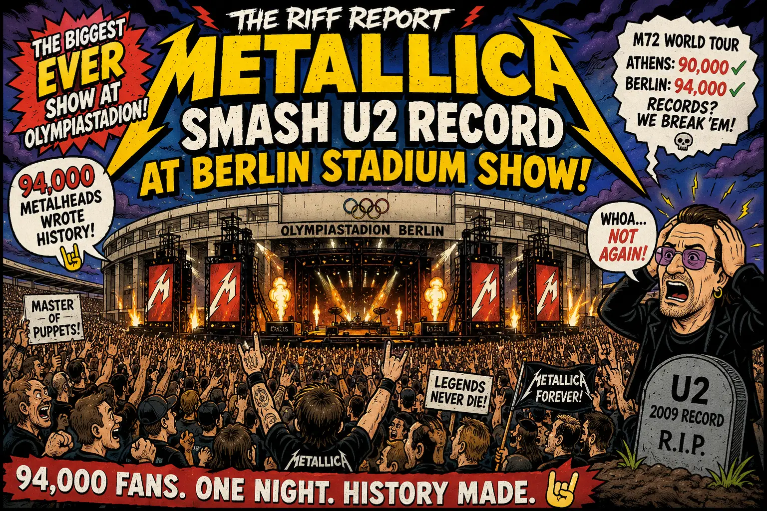 Comic-style poster announcing Metallica smashing U2's record at Berlin's Olympiastadion, with a huge cheering crowd, stage flames, and bold banners.