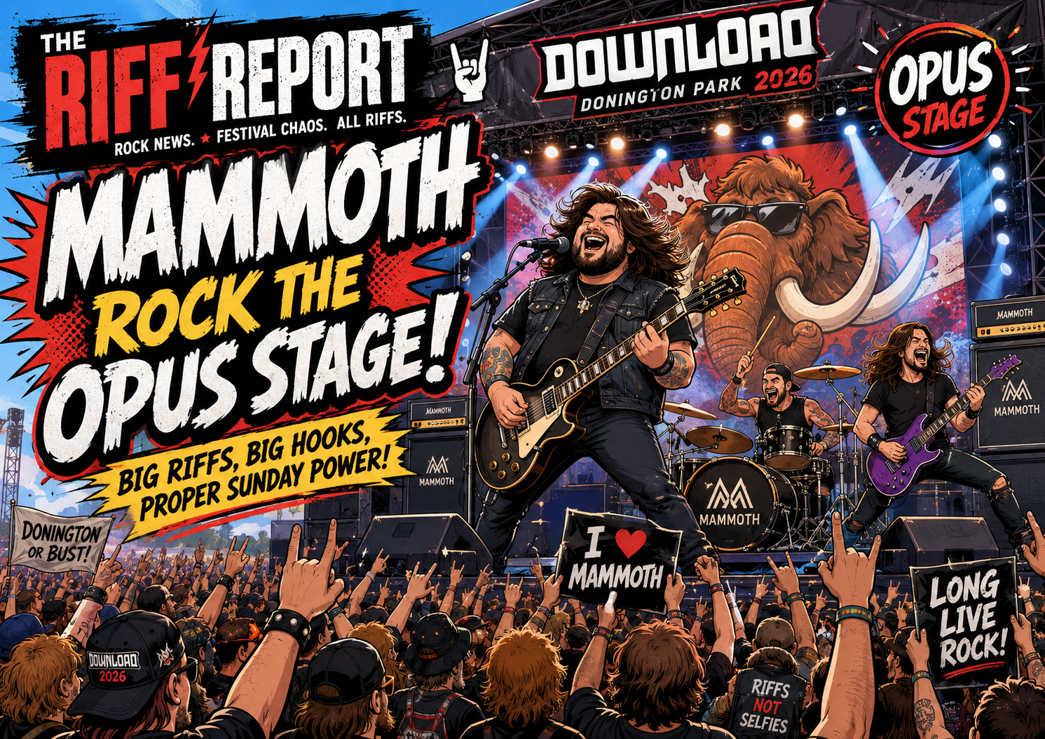 Illustrated rock concert poster: Mammoth performing on stage with large band banner and a cheering crowd at a festival.