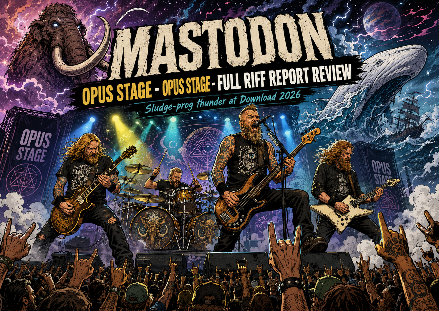Poster-style concert illustration of Mastodon performing on Opus Stage with guitarist, bassist, drummer, crowd raising horns, cosmic backdrop.