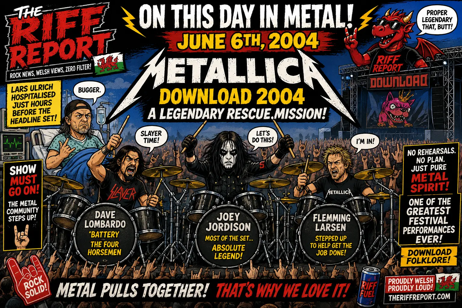 Colorful comic‑style poster advertising a 2004 Metallica Download concert, with a drum‑set stage, cheering crowd, and bold headlines like 'On This Day in Metal' and 'June 6th, 2004' plus The Riff Report branding.