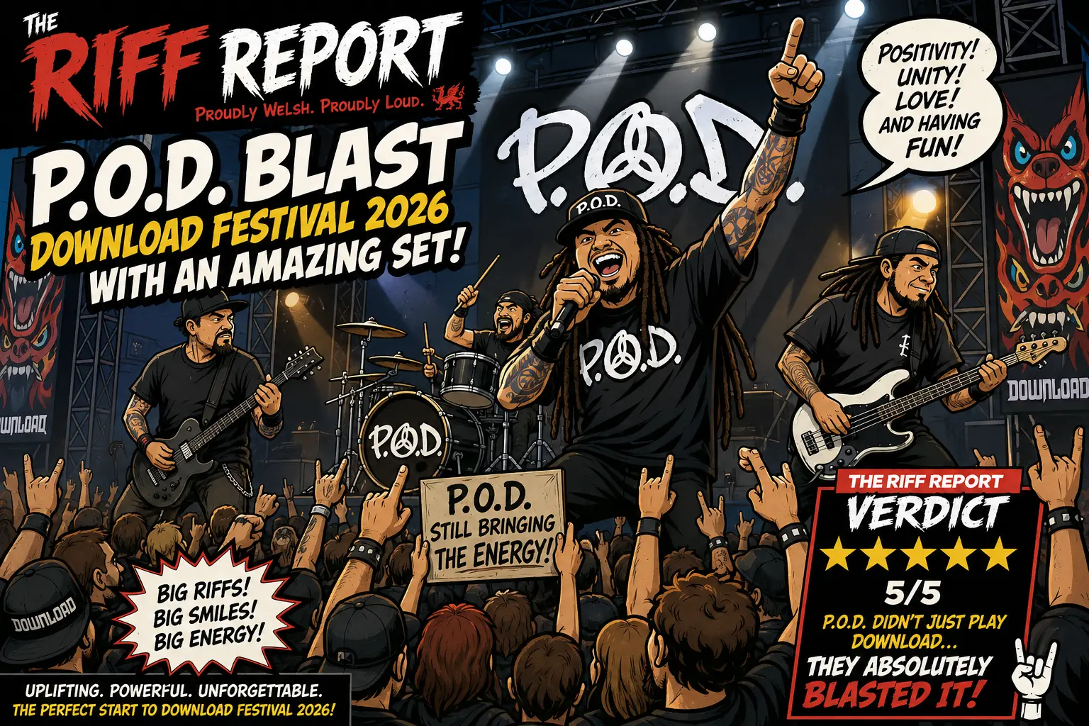 Band on stage performing to a crowded rock concert, with bold festival banner text: P.O.D. Blast Download Festival 2026 with an amazing set!