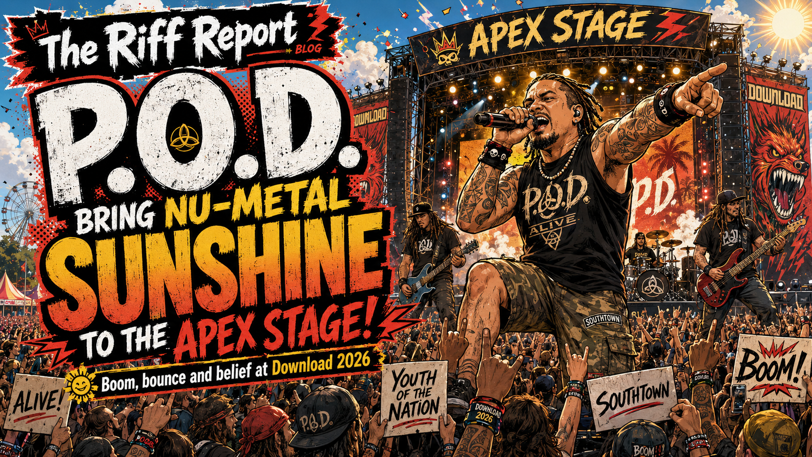 Promotional poster for P.O.D. concert at Apex Stage with a guitarist and singer on stage, crowd, and bold text like 'P.O.D.' and 'SUNSHINE'.