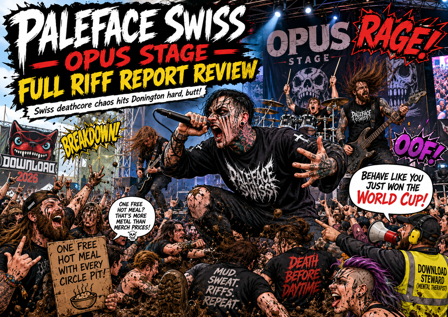 Comic-style concert scene of Paleface Swiss performing on Opus Stage to a mosh pit crowd at a festival, with bold event logos above and shouting fans nearby.