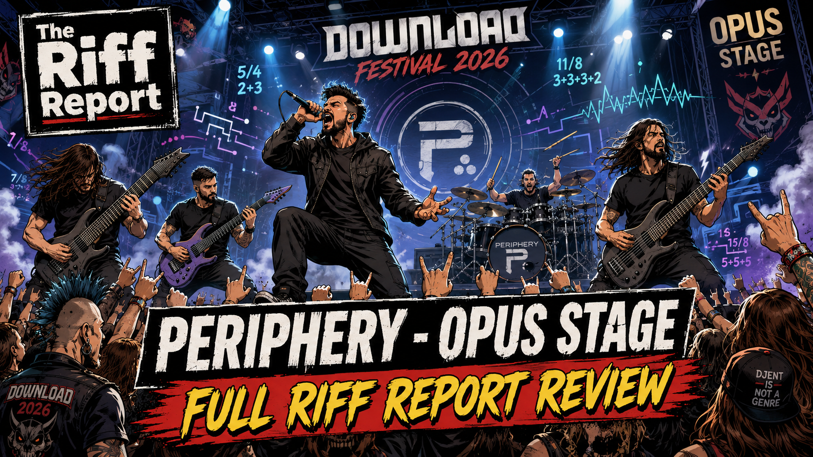 Illustrated rock band Periphery performing on Opus Stage at Download Festival 2026, with a cheering crowd and banner text in the background.