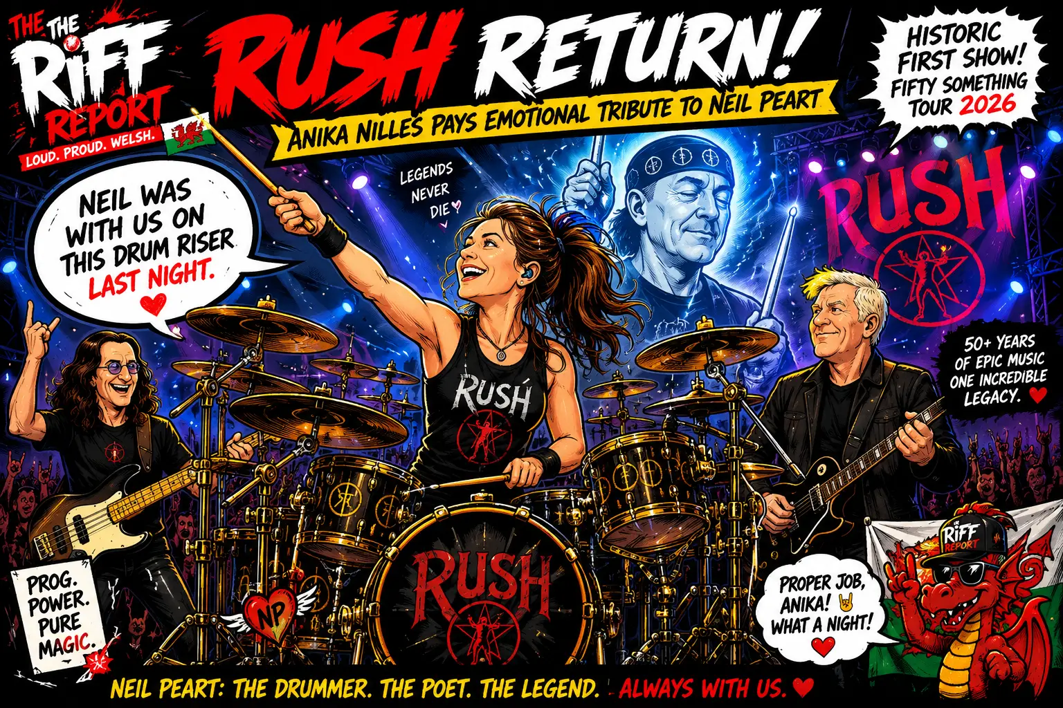 Comic-book poster of a Rush tribute concert: central female drummer with 'RUSH' on drums, two guitarists flanking her, a cheering crowd and neon stage lights.