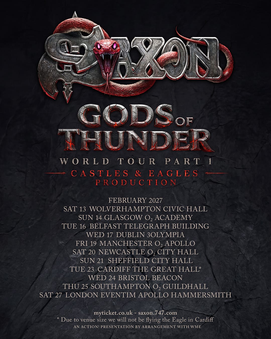 Poster for Saxon 'Gods of Thunder' World Tour Part 1 featuring a red serpent wrapped around the metallic band logo and tour dates below.