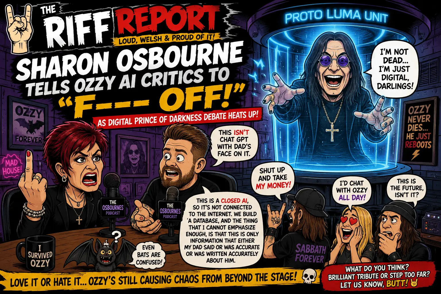 Comic-style cover of The Riff Report featuring Sharon Osbourne at a podcast table with two hosts, bold headlines, and Ozzy depicted as a glowing digital figure in a blue lab-like chamber labeled Proto Luma Unit, while fans react in the foreground.