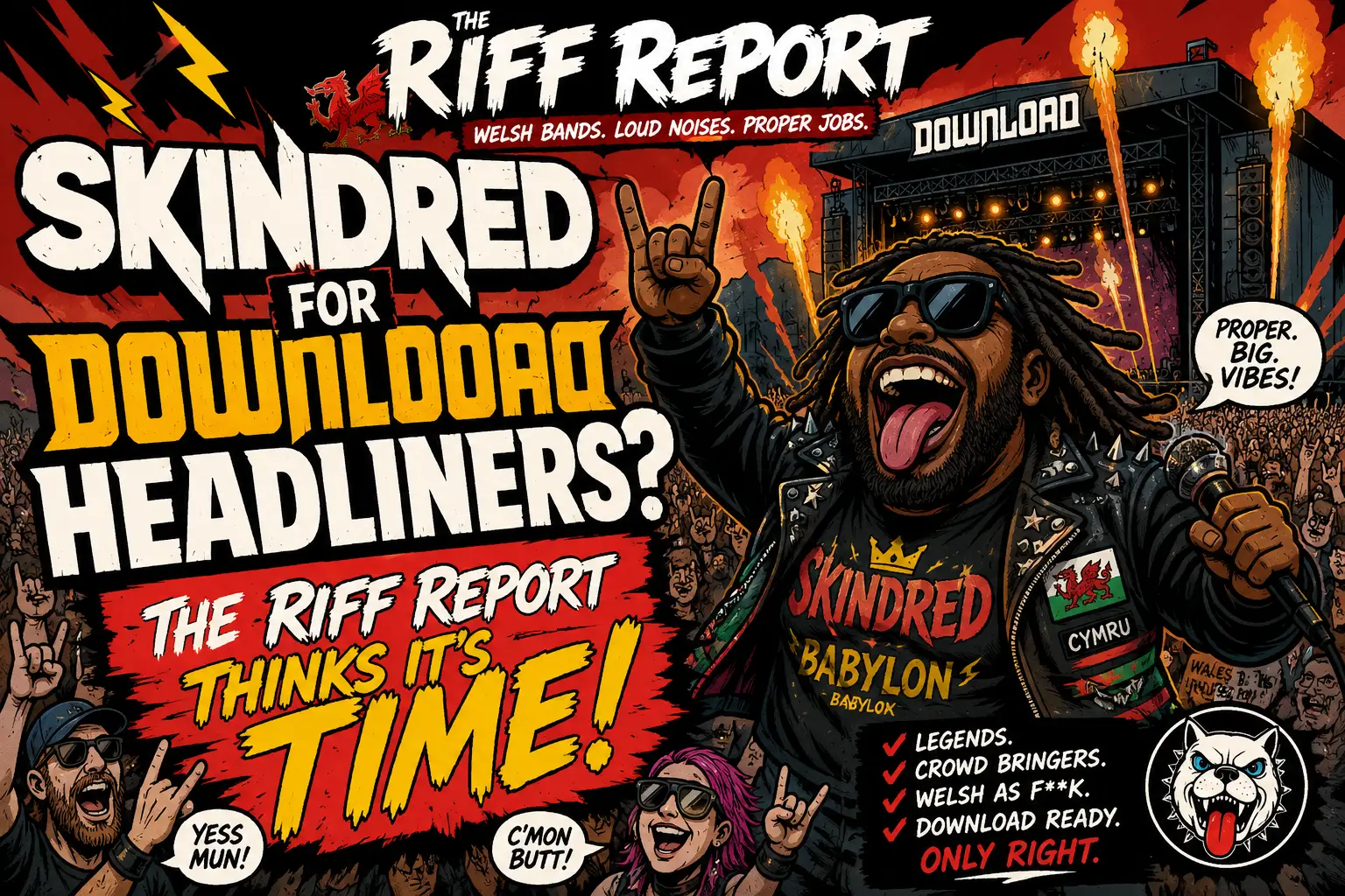 Promotional poster for Skindred at Download Festival with a singer on stage, crowd, and bold headlines like 'Skindred for Download Headliners?' and 'Time!'